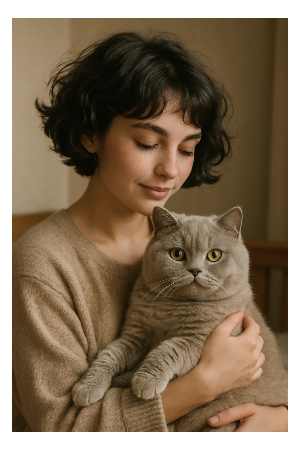 wavy black haired girl with a short haitcut holding a british cat sticker