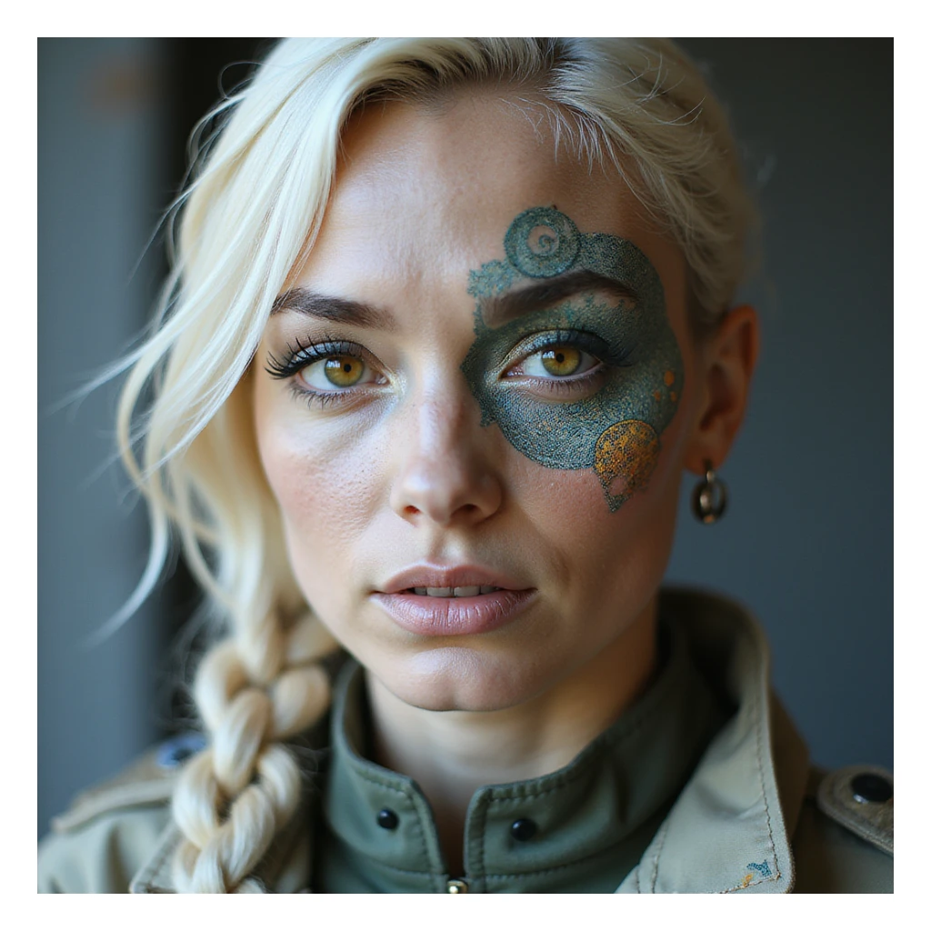 a banknote bill. full frame close up of a "20 crisp" banknote. futuristic, cyberpunk. stellar and planetary style designs adorn the bill. the face pictures is a woman in her 20's, gold yellow eyes, white hair in a single long braid, side of head shaved. she wears a military flight bdu sticker