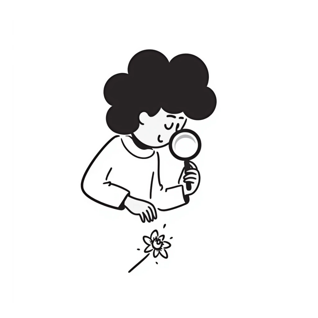 A hand-drawn person looking through a magnifying glass sticker