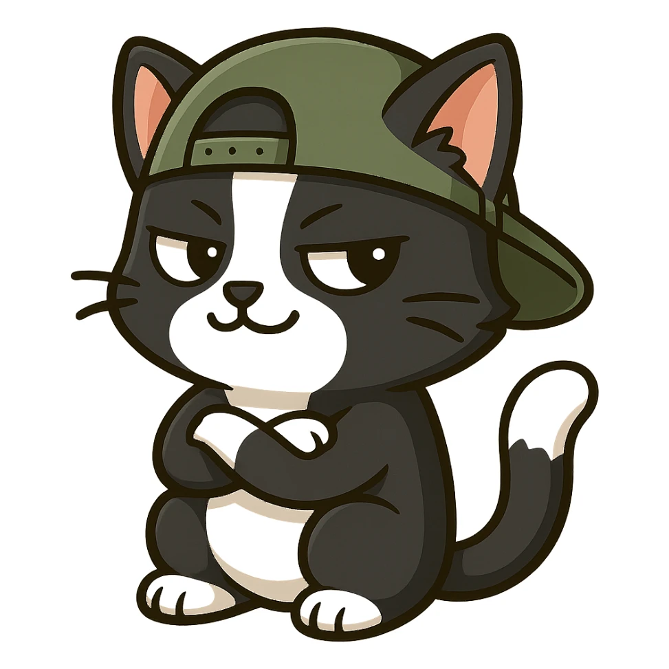 Make this cat a tuxedo cat with black and white fur, keep the playful chibi sticker style, with no background. sticker