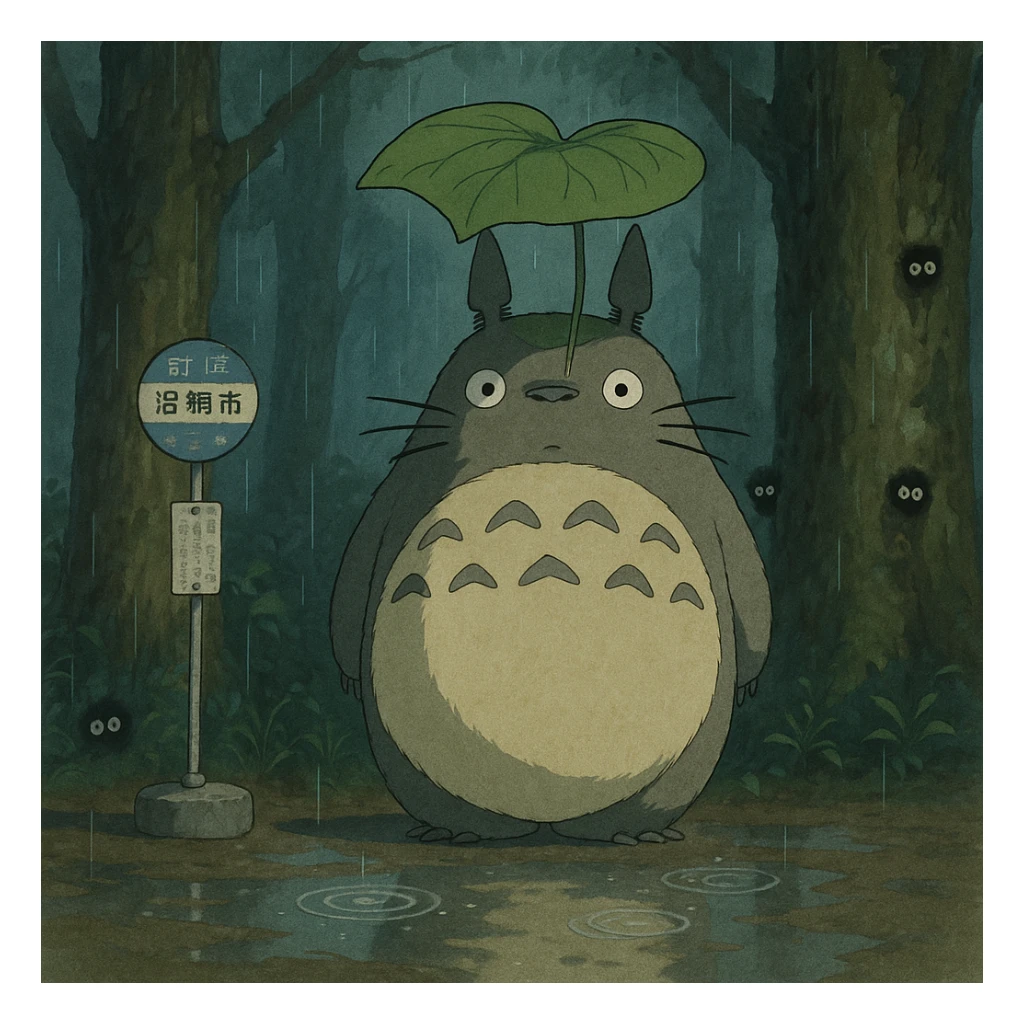 Totoro waiting at a misty forest bus stop, holding a giant leaf umbrella, while tiny soot sprites peek out from tree trunks nearby and raindrops ripple in puddles at his feet. sticker
