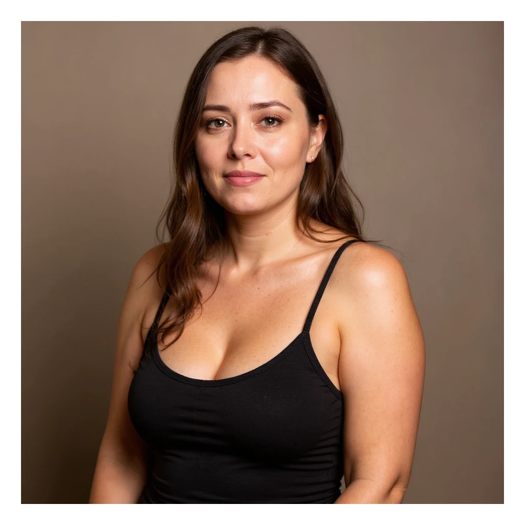 Hyperrealistic vertical portrait inspired by the reference photo: a woman with significant cellulite, visible face showing a desperate and tired expression, identical pose to the photo, extremely detailed skin with realistic texture, natural shadows, neutral background, vertical composition. sticker