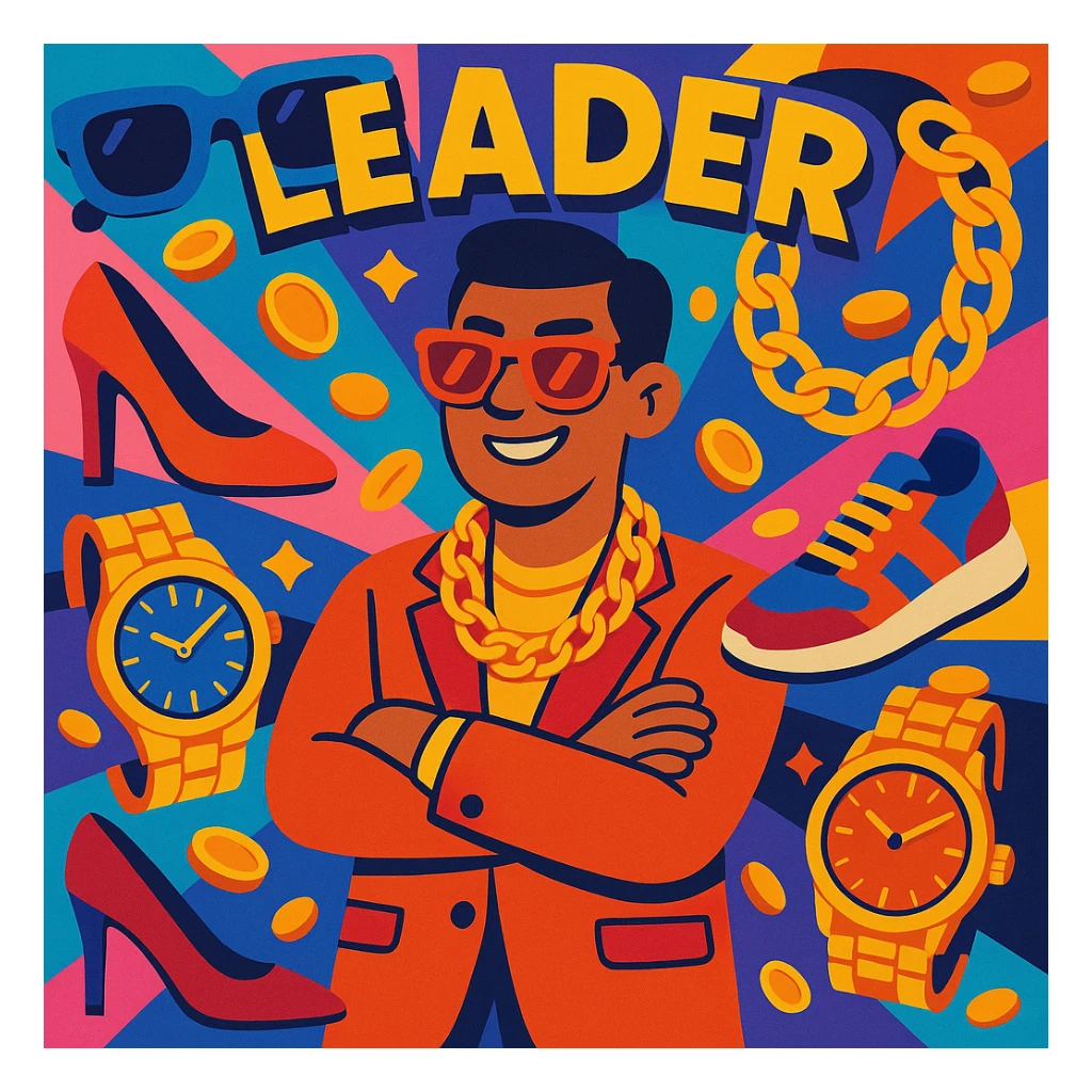 A confident leader standing surrounded by luxury items: designer shoes, sunglasses, gold chains, and expensive watches, visually rich and detailed, vibrant colorful style sticker