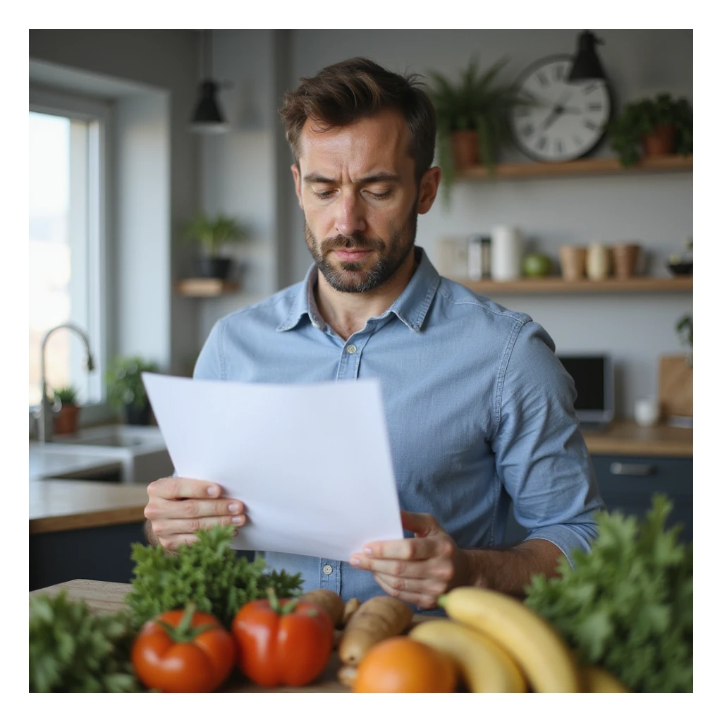 realistic image of a man consulting a written nutritional plan, focused expression, healthy food in front, clinical details, modern environment sticker