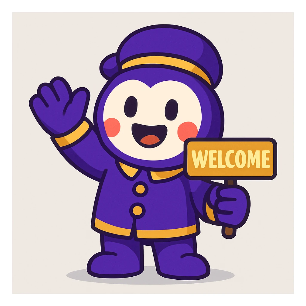 friendly mascot character standing front-and-center, one arm raised in a welcoming wave, holding a small 'Welcome' sign in gold letters, outfit in Qame purple (#4B2091) with gold accents, soft drop shadows, simple light-grey gradient background sticker