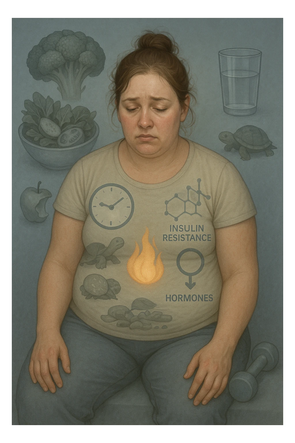Donna tra i 25 e i 35 anni con fisico leggermente gonfio e postura affaticata, seduta con sguardo stanco. In trasparenza sul suo corpo, si vedono elementi simbolici: una fiamma metabolica molto piccola nel centro dell’addome, una tartaruga accanto a un simbolo di orologio rallentato, indicatori visivi di insulino-resistenza e squilibri ormonali. Intorno a lei: cibo sano non digerito bene, attività fisica poco efficace. Colori spenti attorno al corpo, con toni freddi e lentezza visiva. Stile realistico con elementi infografici e simbolici integrati sticker