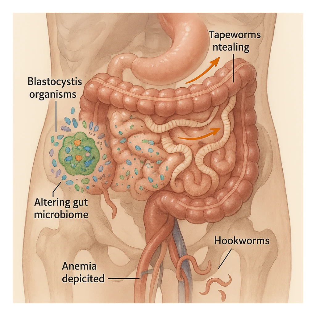 realistic or semi-realistic transparent human abdomen showing tapeworms stealing nutrients with nutrient flow toward worms, blastocystis altering the microbiome with disrupted bacteria, and hookworms near blood vessels causing anemia with fewer red blood cells, medical illustration, neutral background sticker