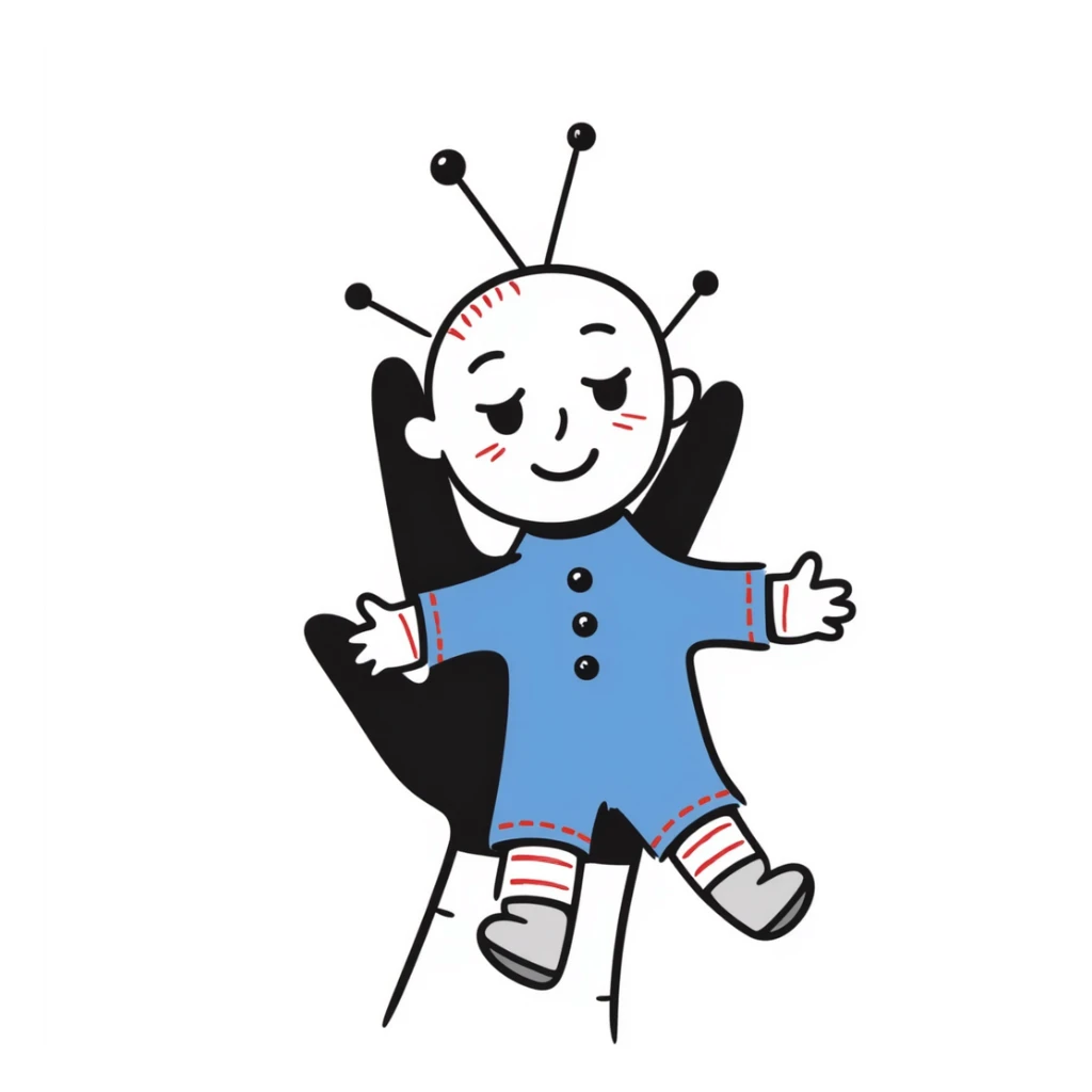 A hand-drawn voodoo doll with Carolina blue fabric and red thread stitches, looking slightly creepy with pins sticker