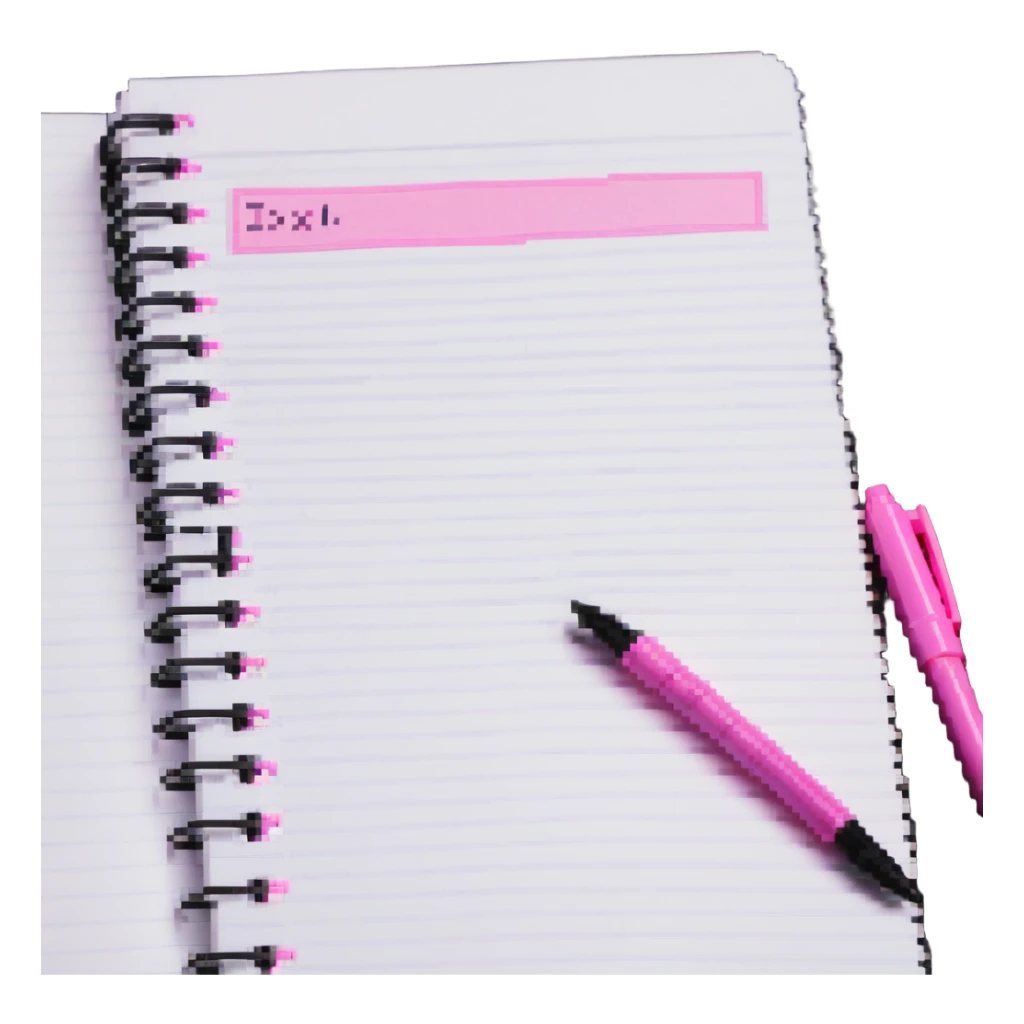 white notebook with some list on it and a pink pen nearby sticker
