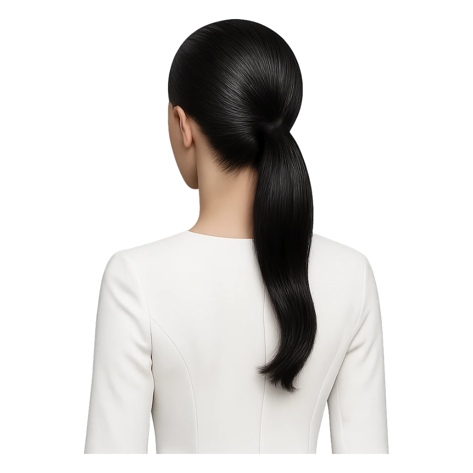 black sleek ponytail hairstyle, no head, white dress with sleeves, minimal and clean design sticker