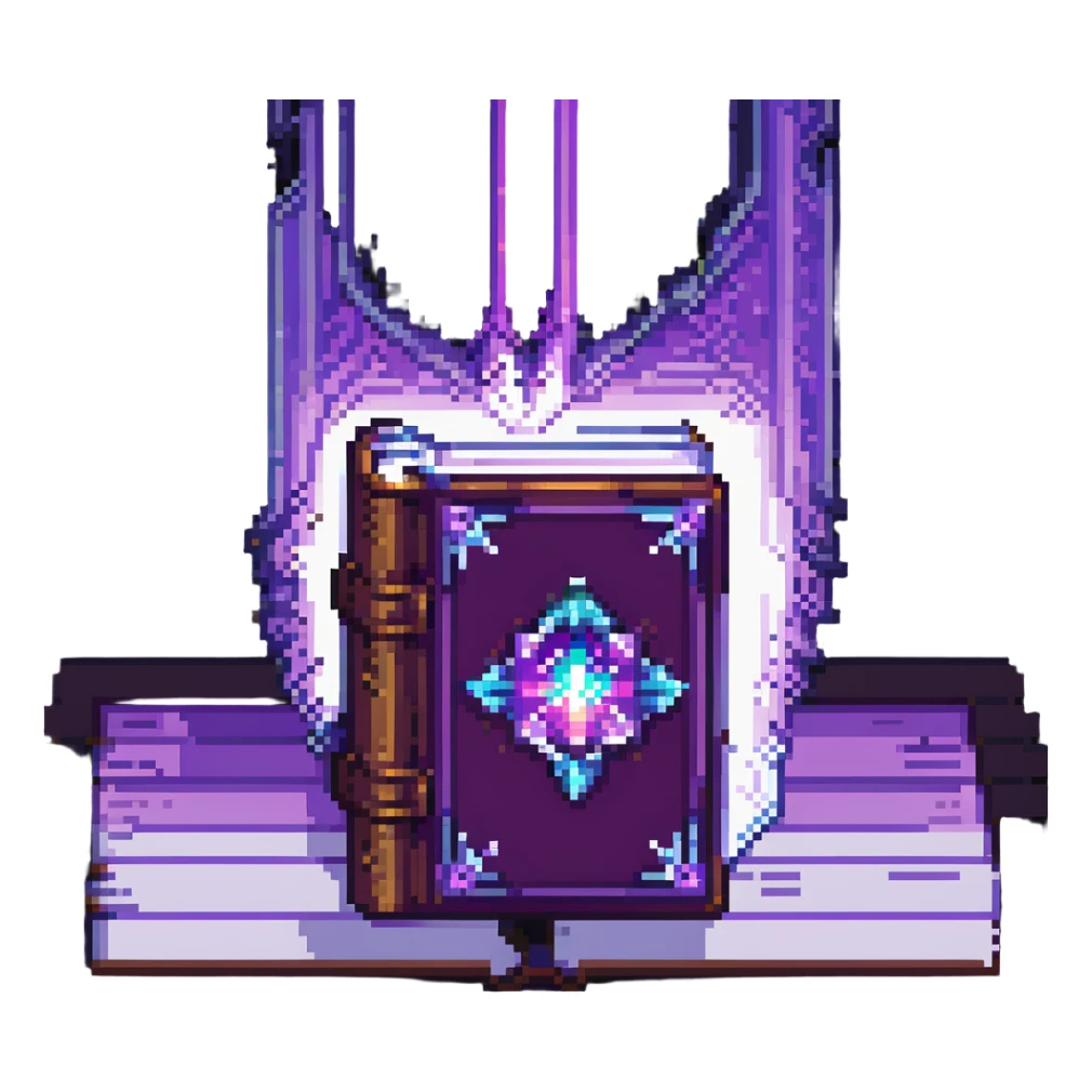 Minecraft-style enchanted book, pixel art, glowing purple aura, floating slightly, magical effect sticker