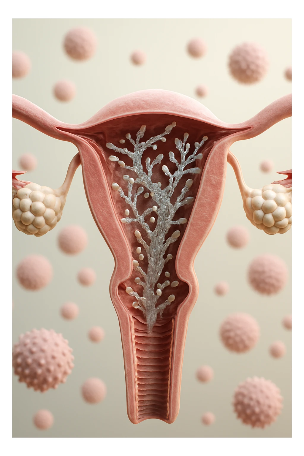 corpo umano anatomico con batteri come la candida nell'utero, sfondo neutro chiaro, iperrealistico 4k sticker