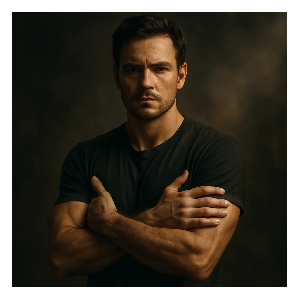 hyper realistic 4K cinematic scene of a man in a protective pose, confident posture, intense but serene face, cinematic lighting, powerful atmosphere sticker