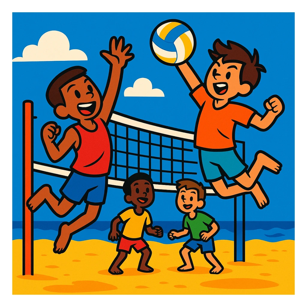 vibrant and energetic scene of boys playing volleyball on a sandy beach sticker