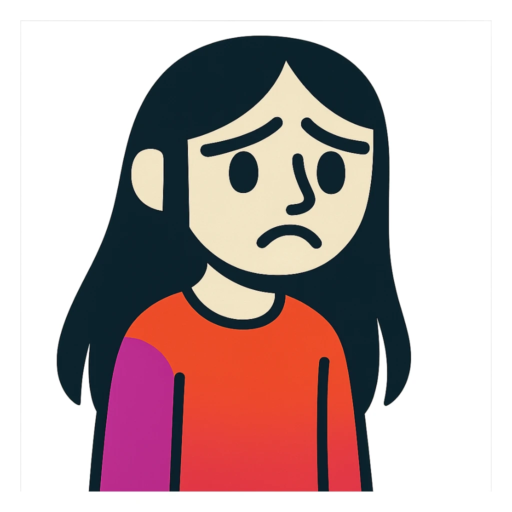 pale girl with long black hair, sad expression, vibrant toon style sticker