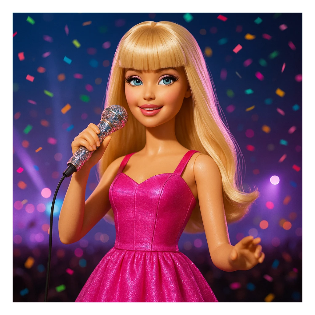Pretty and girly Blonde pop star with bangs, holding a bedazzled microphone, reimagined as a Barbie doll, with a nighttime concert backdrop with colorful confetti sticker