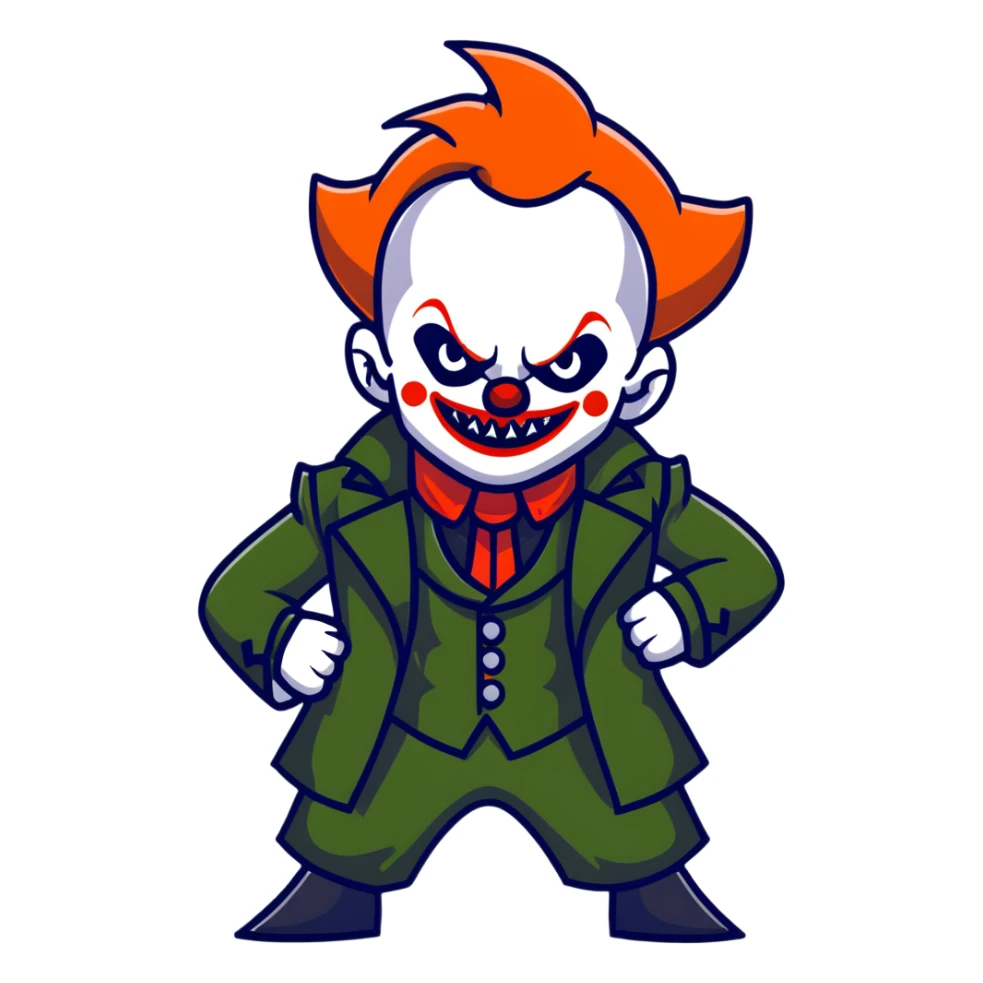 evil clown warrior, bald, small black horns on forehead, fangs, pointed ears, eye patch over one eye, long coat over black and military green leisure suit with bellbottom pants, realistically proportioned, less bulky, full body visible, battle-ready fighting posture sticker