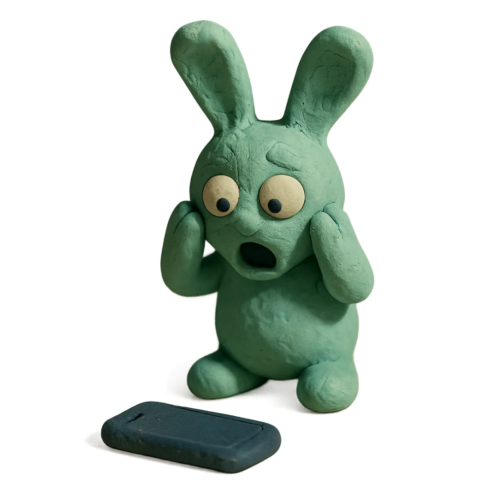 mint bunny shocked looking at phone on ground, claymation style sticker