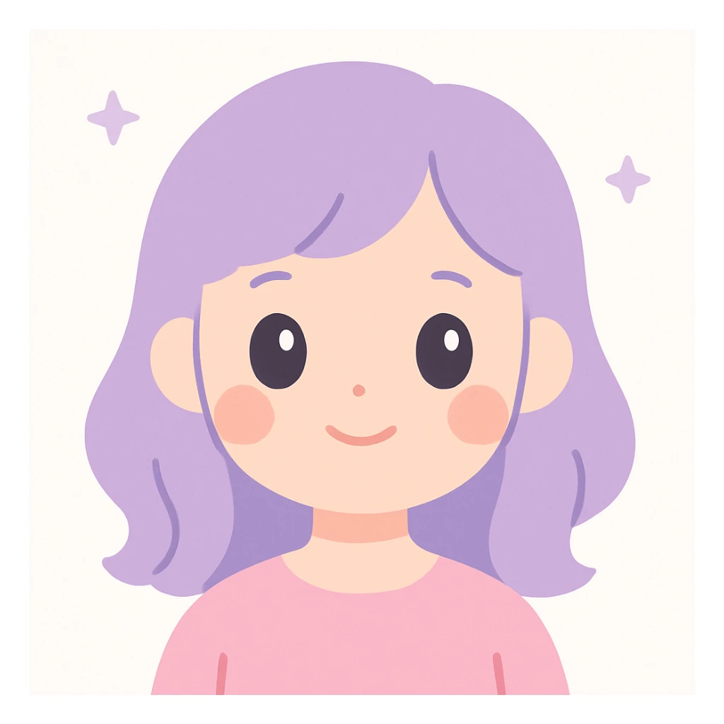 a girl with a cute peachy face, soft features, gentle smile, warm and friendly expression, lavender hair, simple background sticker