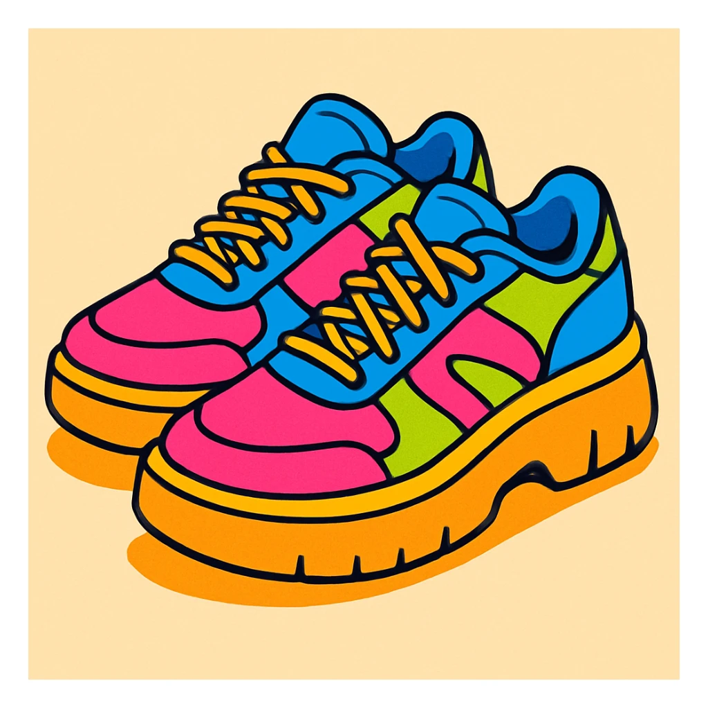 pair of trendy sneakers, vibrant colors, cartoon style sticker