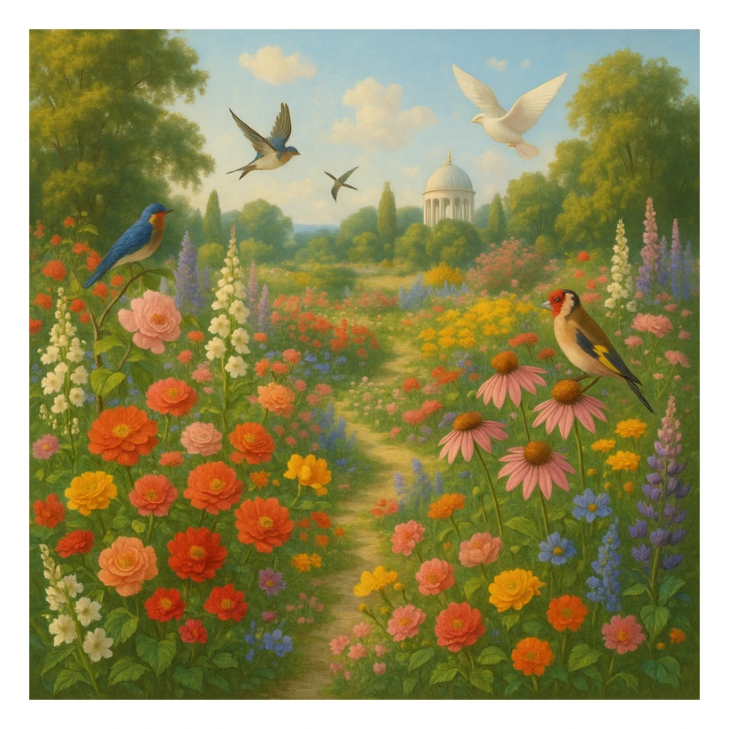 utopian garden with flowers, birds, and no cats in sight sticker