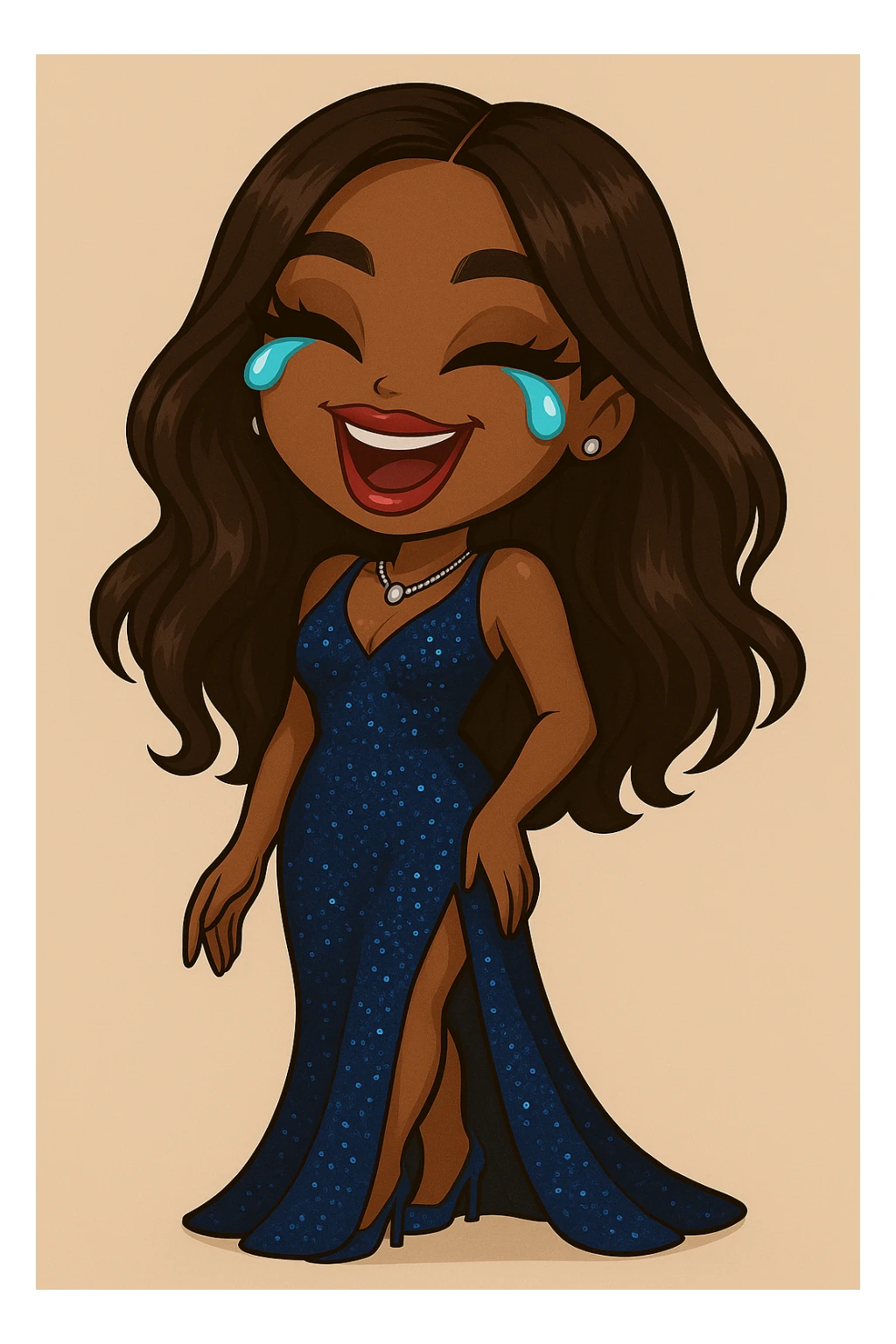 Change her outfit style to glamorous evening wear, keep her as a 20-year-old anime Bratz style woman with dark skin, dark hair, crying laughing expression, big expressive eyes, and glossy lips. sticker