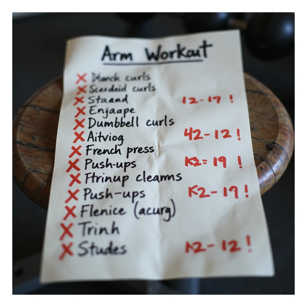 hyperrealistic handwritten arm workout sheet on paper with exercises like dumbbell curls, french press, push-ups, some exercises crossed out with large red X marks as if wrong, 4K quality, realistic lighting, sharp details, gym atmosphere sticker