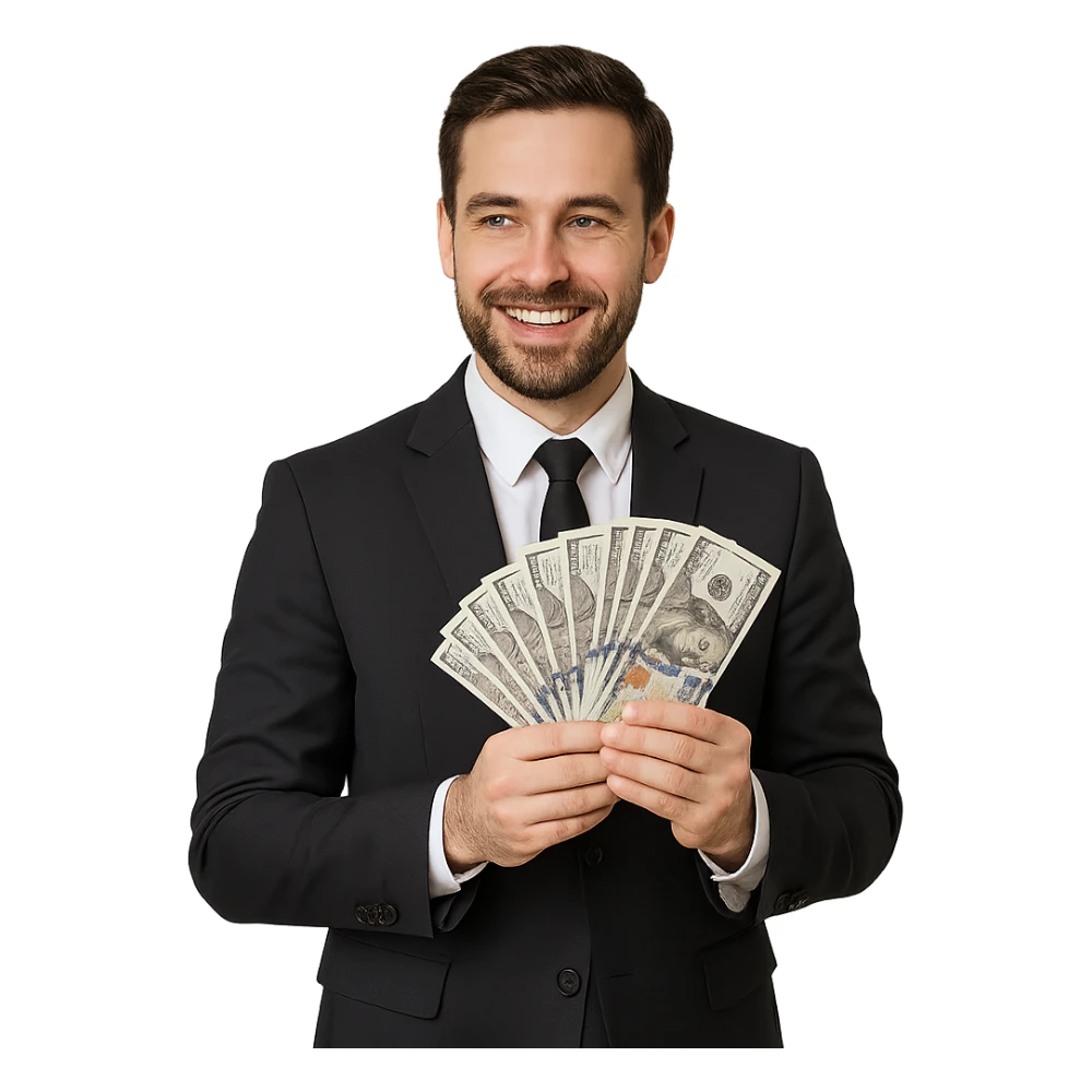 business man with money in his hands sticker
