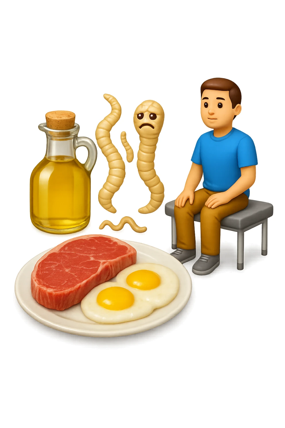 emoji stile iphone di UN PIATTO CON CARNE ROSSA E UOVA, UNA BOTTIGLIA DI OLIO DI SEMI, DUE PARASSITI TIPO LA TENIA, UOMO SEDUTO SU UN LETTINO DA FISIOTERAPISTA, IPERREALISTICO 4K sticker