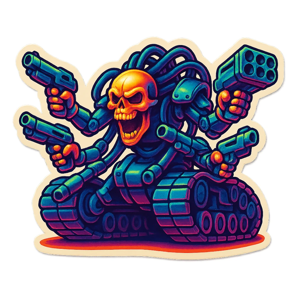 Render the exact four-armed, skull-headed tank mech as a retro sticker style. Preserve all proportions, pose, and details: four mechanical arms with guns, skull head with cables, tank tread lower body, aggressive expression. No changes to the design, just restyle as a retro sticker. sticker