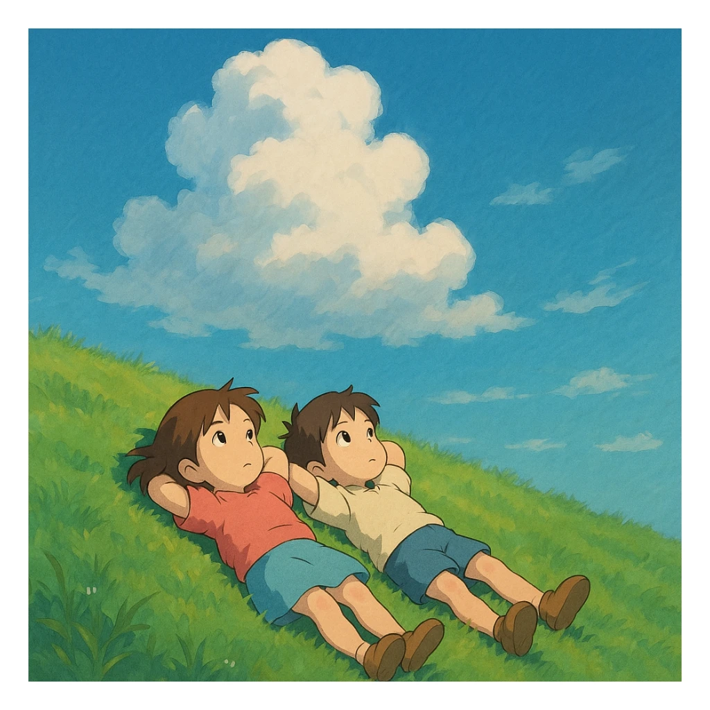 Two siblings lying on a grassy hill, gazing up at drifting cloud sticker