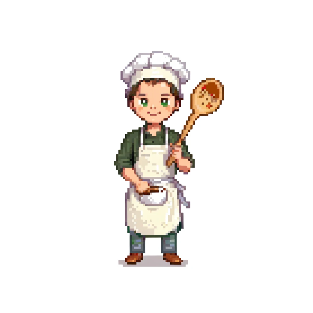 Portrait of a young baker with a simple cloth apron, flour on his hands and cheeks, holding a wooden spoon, skeuomorphism style sticker