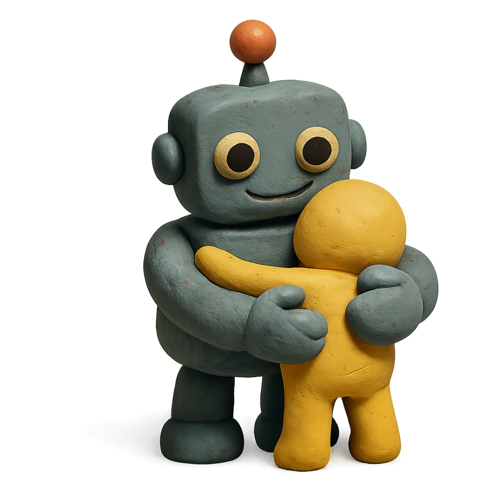 claymation style of a robot giving a warm hug sticker