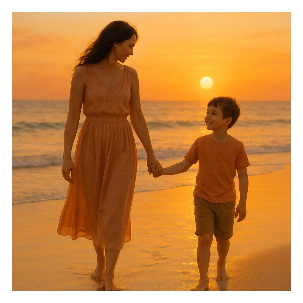 A mother and son walking hand in hand at the beach during sunset, warm colors, peaceful atmosphere sticker