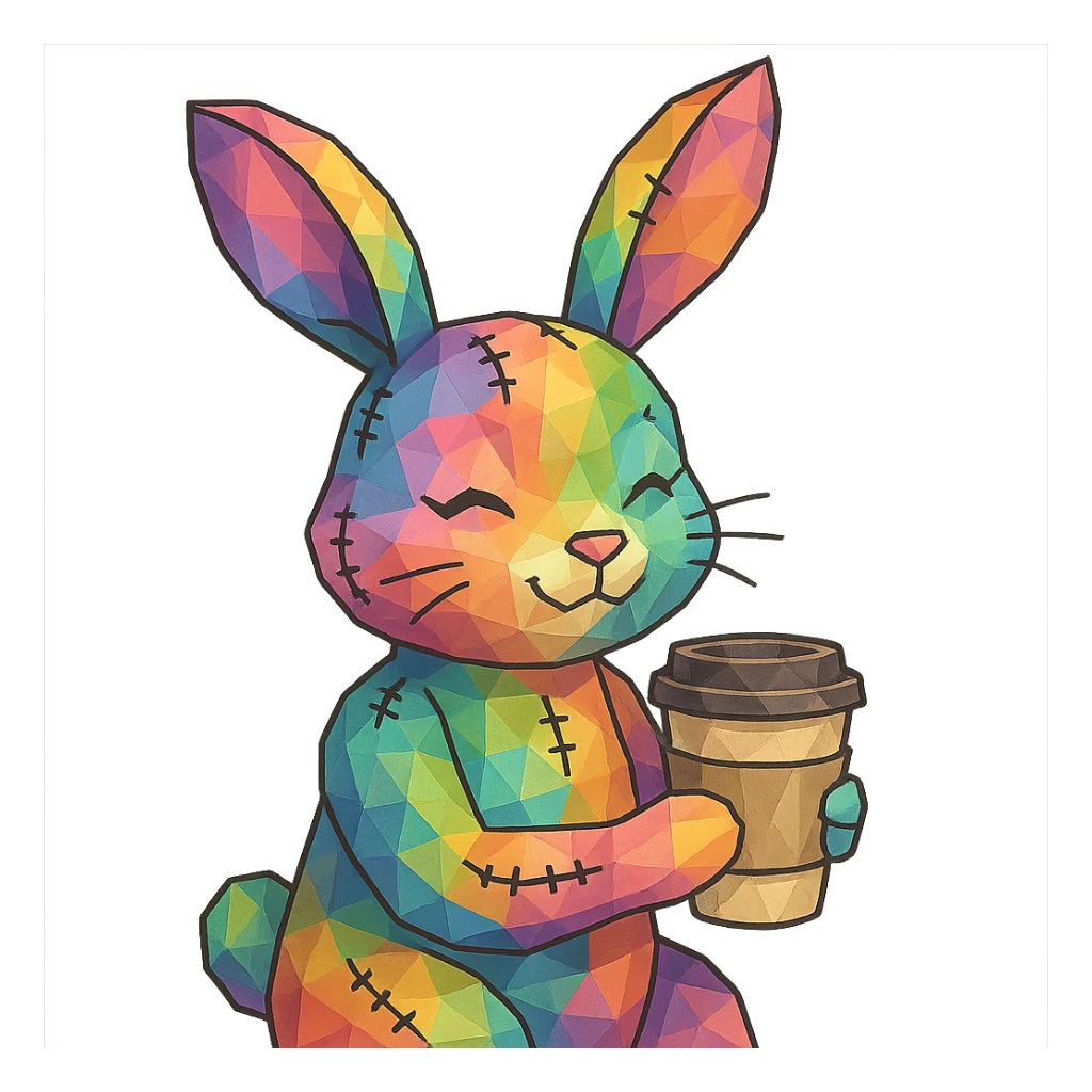 whimsical female bunny with rainbow fur visible stitches and a coffee cup in low-poly style sticker