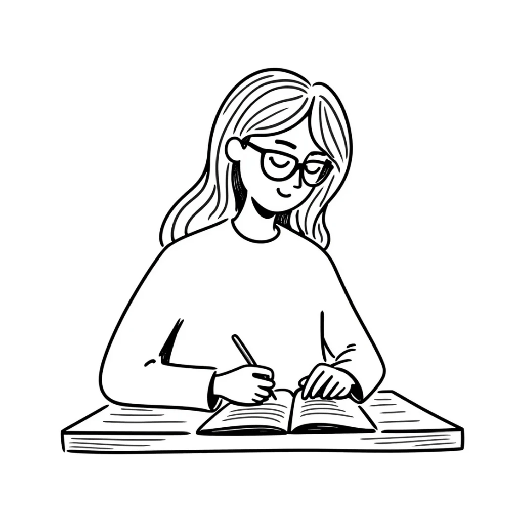 blonde woman wearing glasses, writing in a notebook sticker