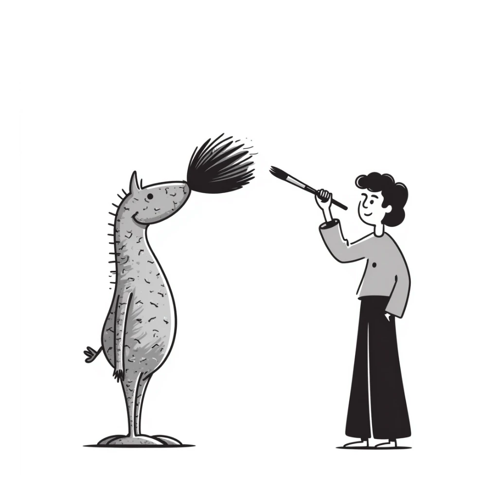 A paintbrush morphing into a metal human figure sculpture, representing artistic identity, with sculptural texture and dimension sticker