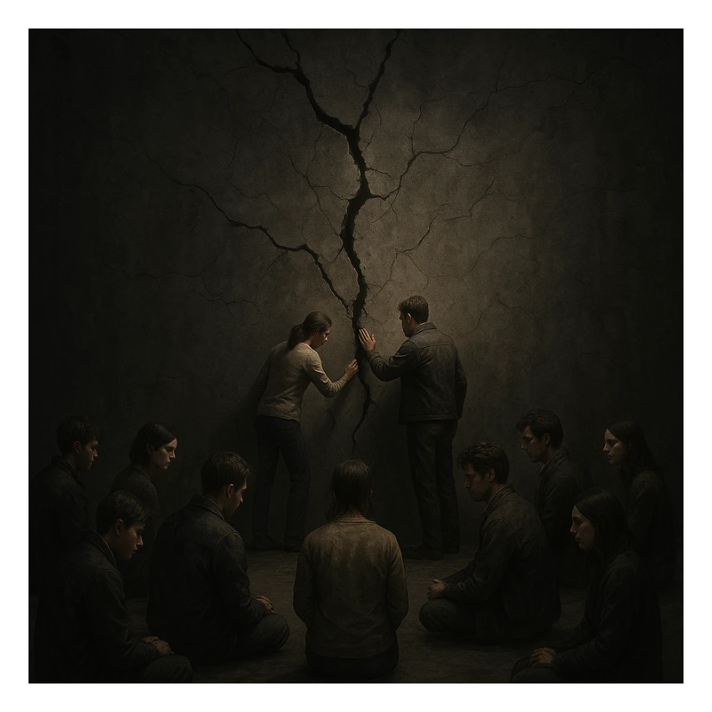 A group of people in front of a massive cracked wall symbolizing a big problem. Most sit idly or look away, while two step forward to examine or try to repair the crack. Lighting highlights the two proactive people, others in muted tones. Conceptual, symbolic, cinematic, emotionally charged, strong contrast, hyperrealistic 4K. sticker