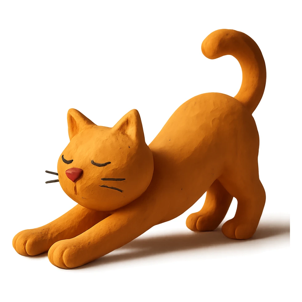 cat stretching with visible fingerprints and matte finish in claymation style sticker