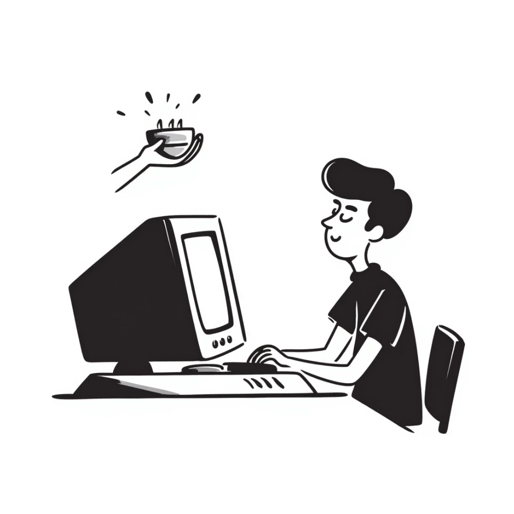 Young man with modern haircut sitting at a vintage desktop computer with large CRT monitor and floppy disk drive sticker