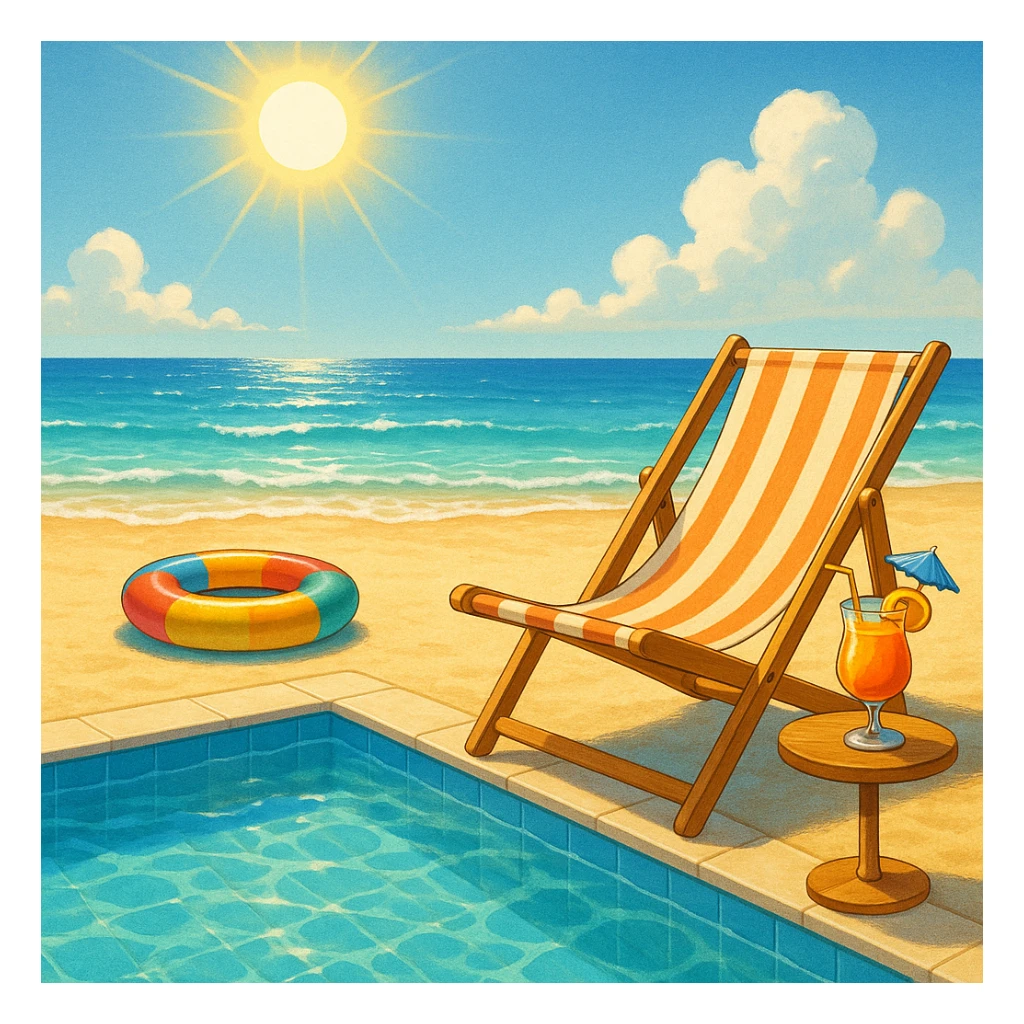 изобрази на картинке пляж, шезлонг, солнце, надувной круг, бассейн, коктейль sticker