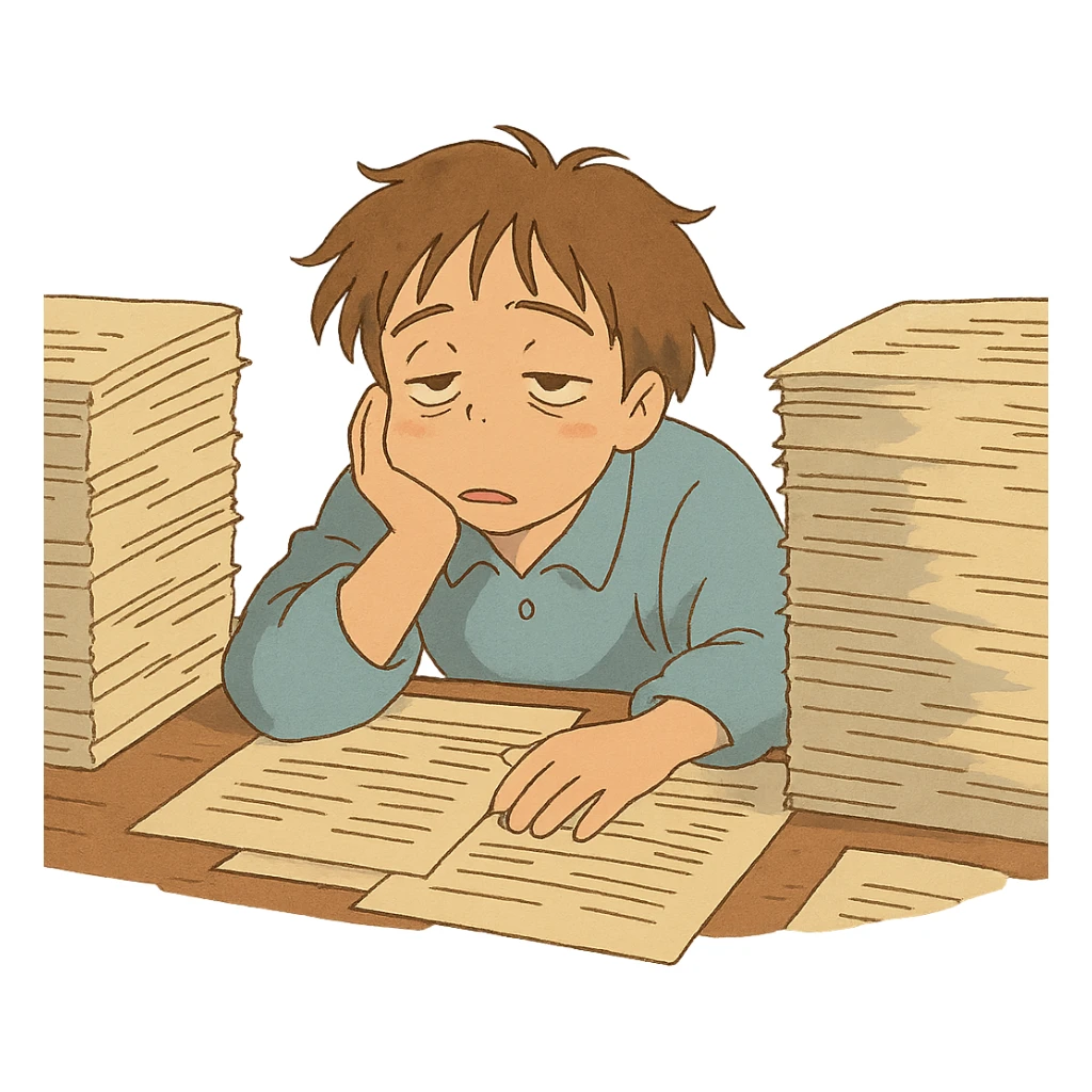 ghibli style illustration of someone surrounded by paperwork, looking sleepy sticker
