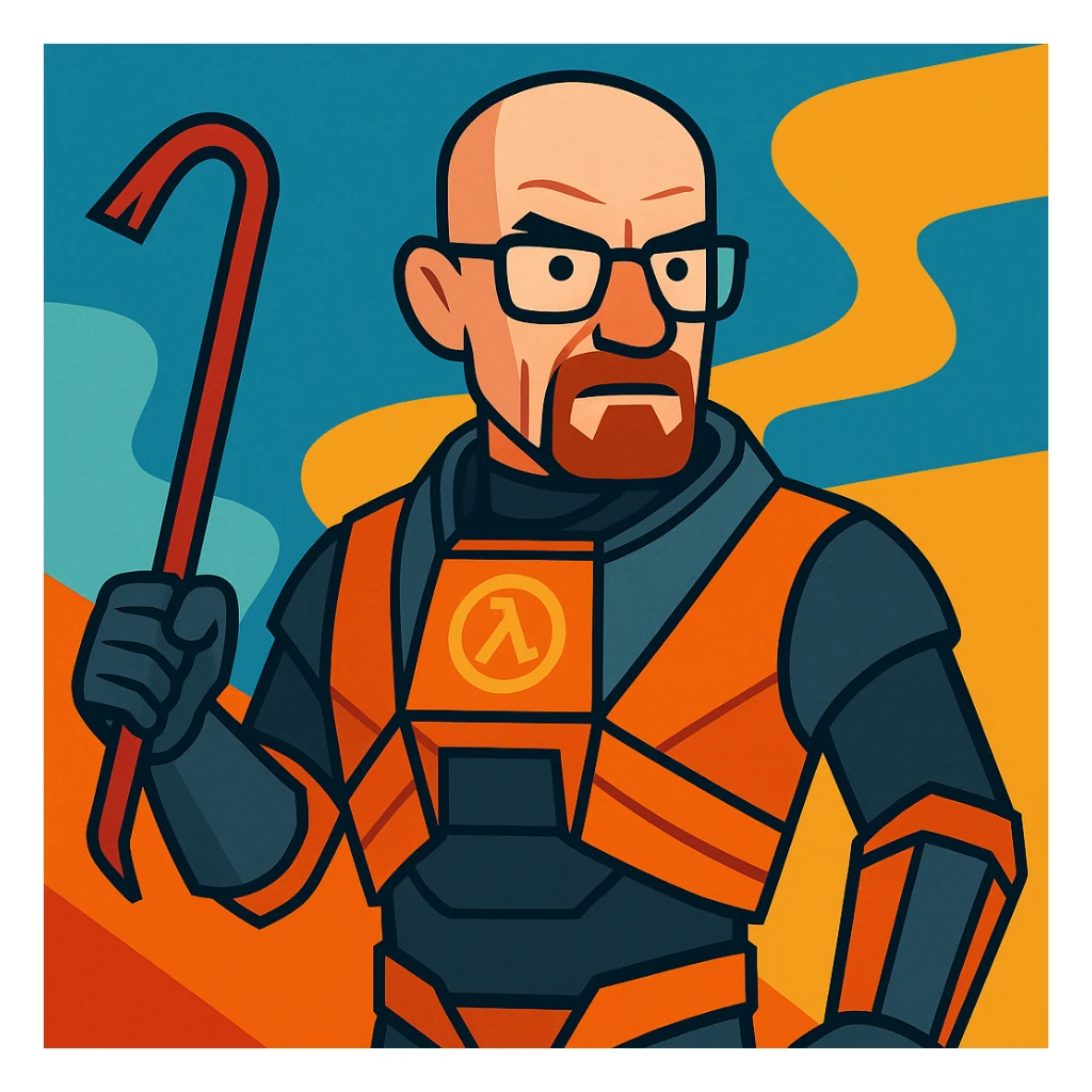 Walter White as Gordon Freeman, stylized cartoon, orange HEV suit, glasses, crowbar sticker