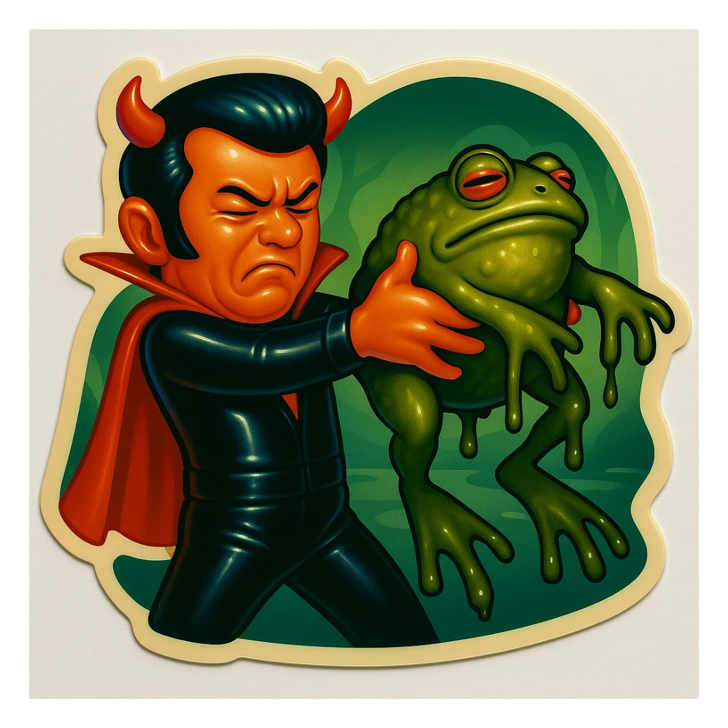 Render the attached image in retro sticker style with no transparent parts anywhere in the image. Keep the hellvis style with a black leather jumpsuit, short cape, and very tiny horns. Show hellvis holding the giant slimy toad away in disgust. Include a swampy background. No text and no transparency. sticker