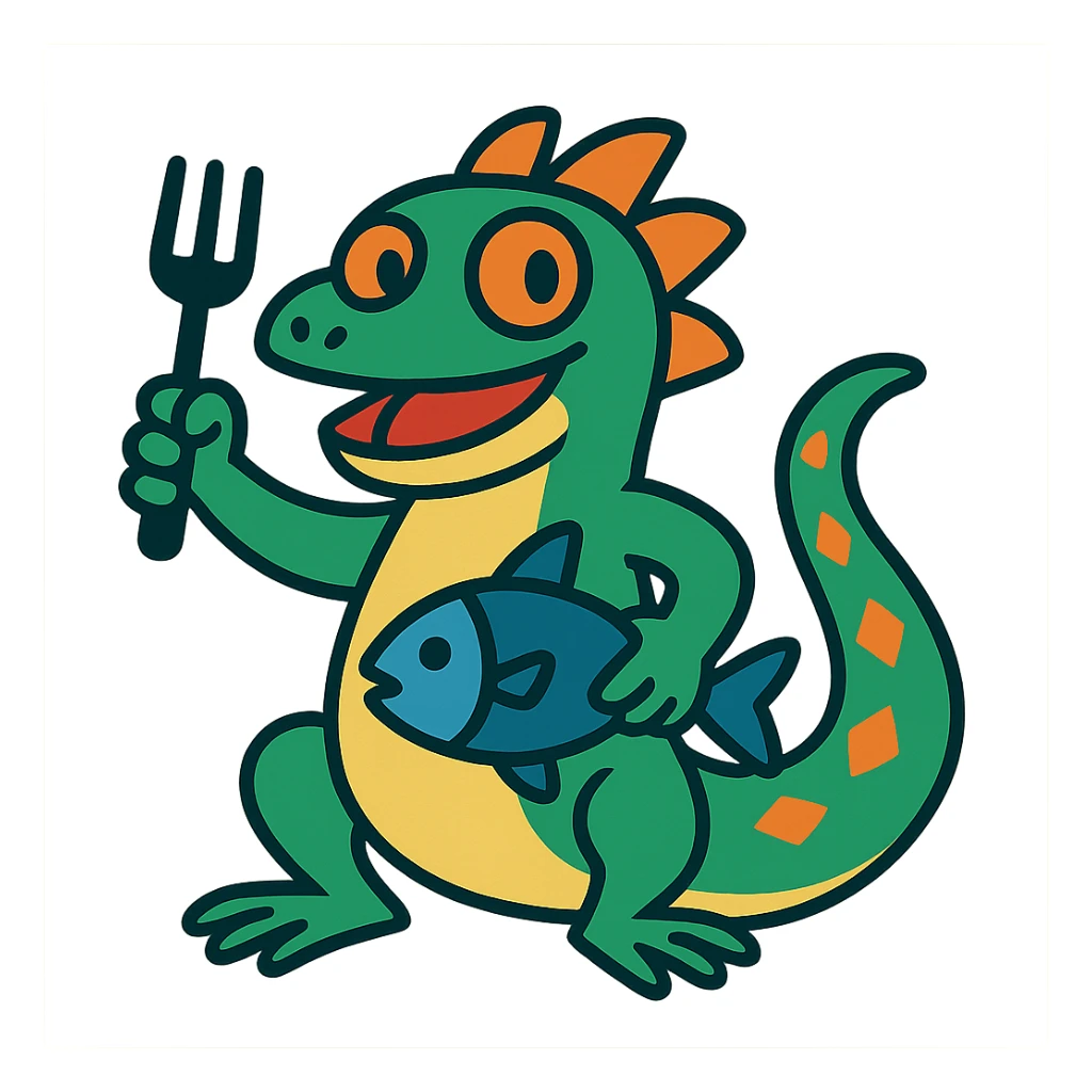playful lizard character, clutching a fork and a fish, vibrant colors sticker
