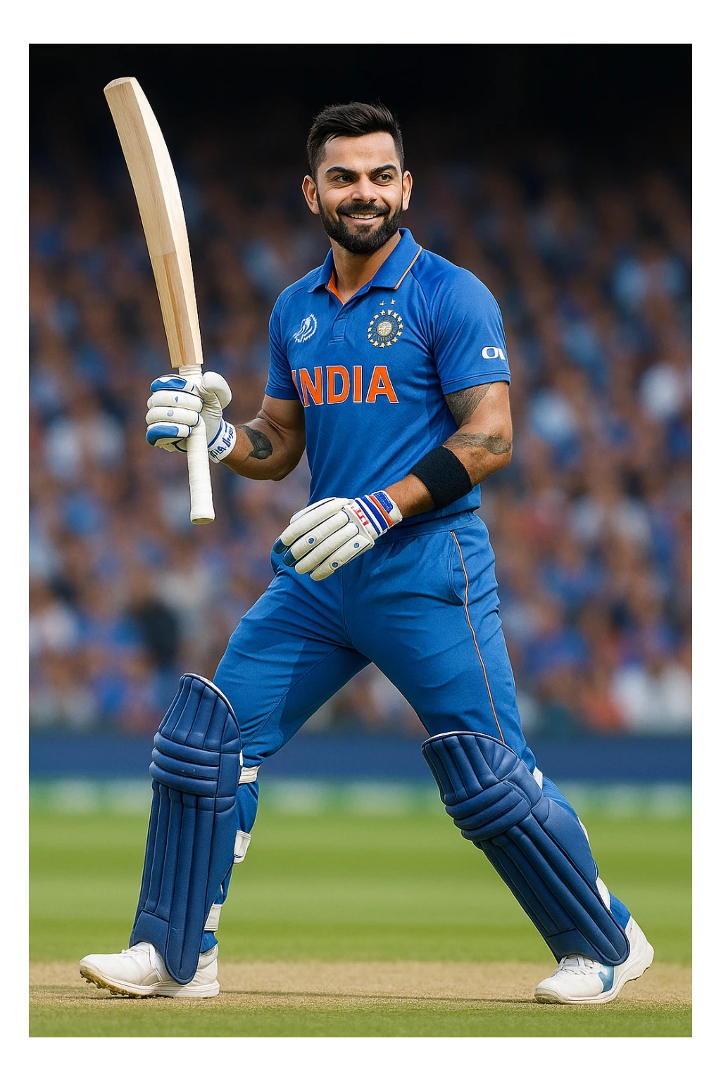 Virat Kohli, Indian cricket star, holding a bat, confident smile, blue cricket uniform, athletic build, dynamic stance sticker
