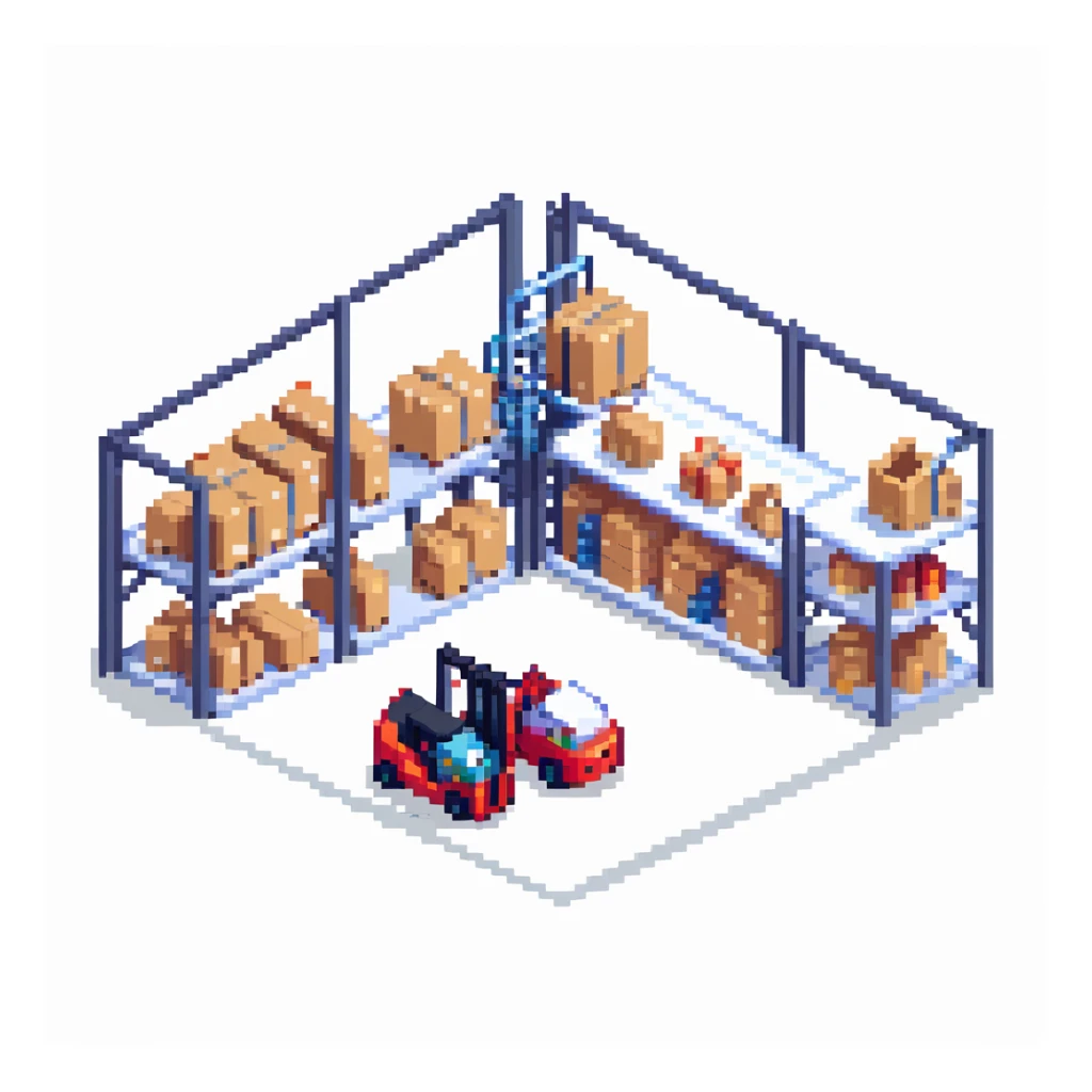 Single story warehouse in isometric perspective with forklift and storage racks sticker