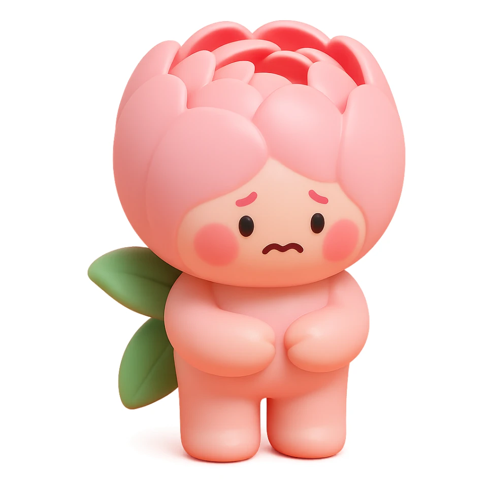 pink peony flower with a round plump body, blushing cheeks, nervous expression, vinyl figure style sticker