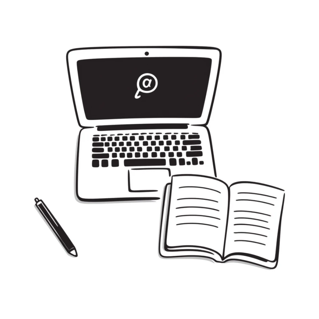 top view of a MacBook and a notebook with a pen nearby, notebook with visible notes sticker