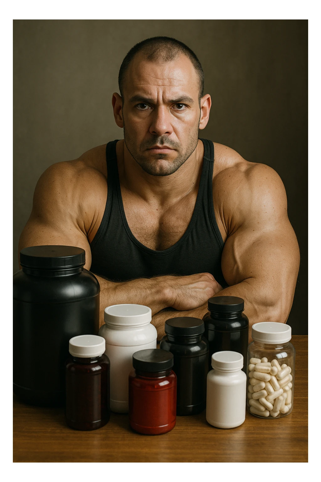 realistic image of a bodybuilder with many supplements, serious and aware look that they are not a miraculous solution, natural details, aspect ratio 2:3 sticker